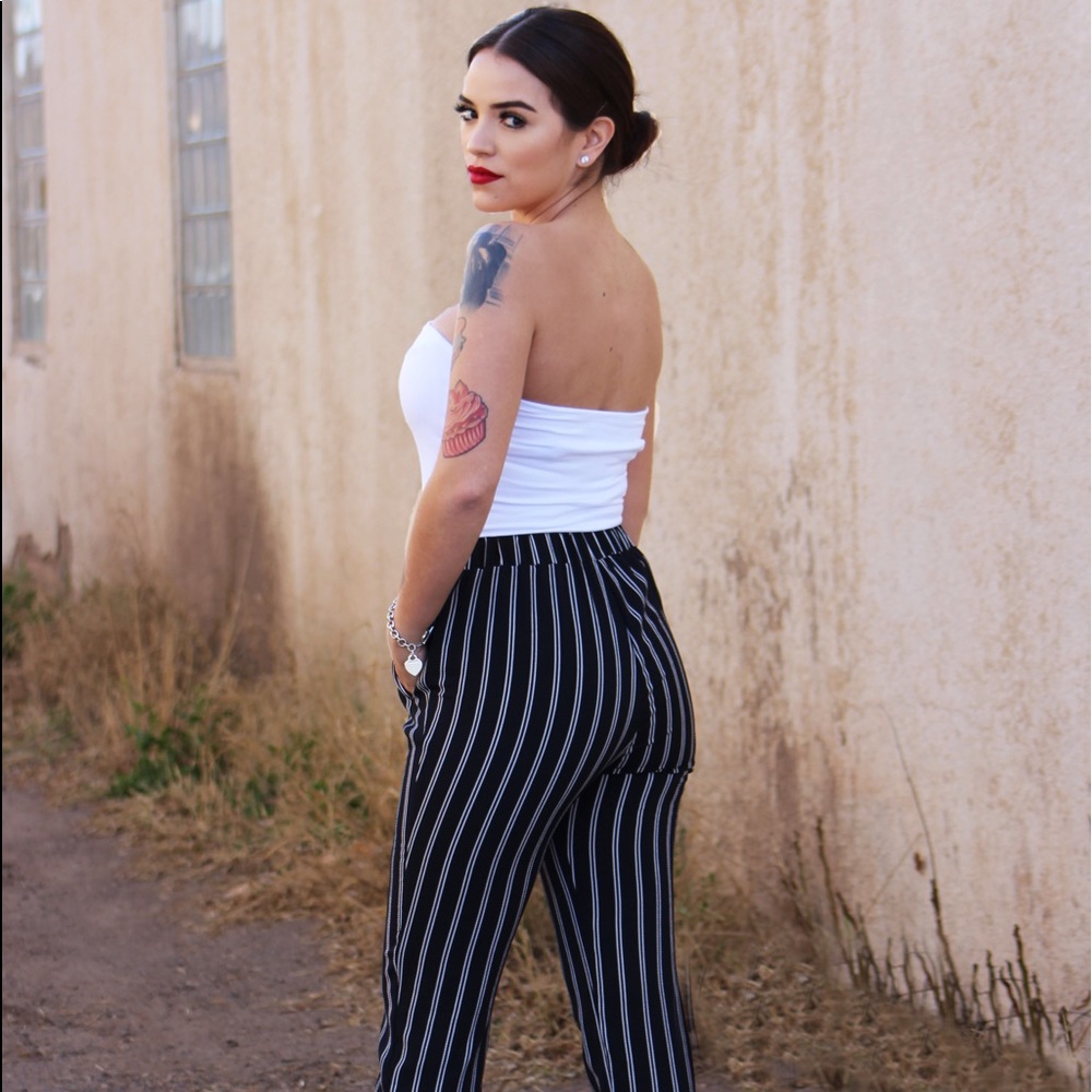Black Striped Crepe Pants-Last One - Picture 2 of 6